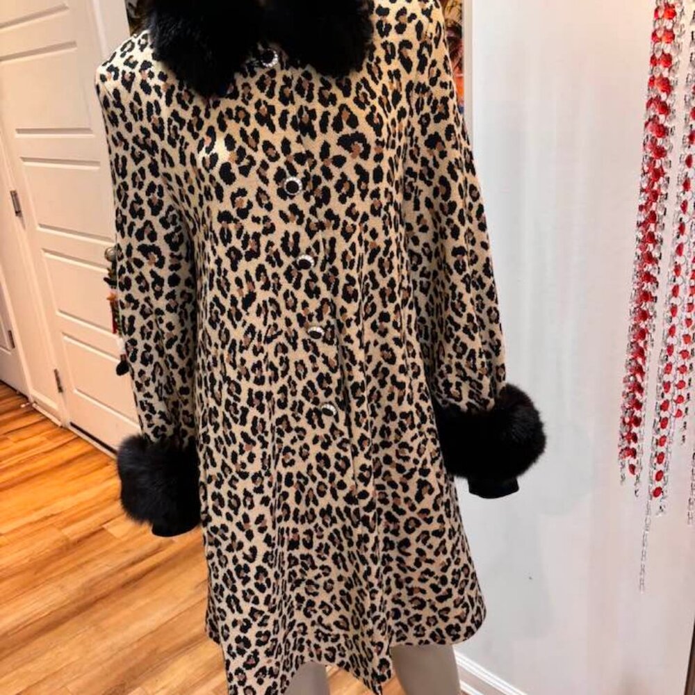 St John leopard animal print wool coat fox fur 12 Large embellished long jacket - Picture 3 of 7